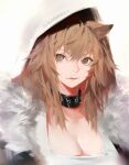  1girl animal_ears arknights black_collar breasts brown_eyes brown_hair cleavage closed_mouth collar commentary_request copyright_name fur-trimmed_jacket fur_trim highres hood hood_up jacket lion_ears lion_girl long_hair looking_at_viewer shirt siege_(arknights) simple_background sola7764 solo upper_body white_background white_hood white_shirt 