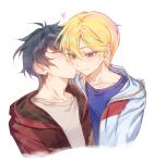  2boys black_hair blonde_hair blue_shirt blush closed_mouth ensemble_stars! grey_hoodie grey_shirt heart hood hood_down hoodie kagehira_mika kes_0210 kiss kissing_cheek looking_down male_focus multiple_boys nito_nazuna red_eyes red_hoodie shirt yaoi 