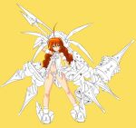  1girl adapted_costume ahoge blue_eyes blush braid closed_mouth eyebrows_visible_through_hair full_body graf_eisen holding holding_weapon long_hair looking_at_viewer lyrical_nanoha mahou_shoujo_lyrical_nanoha mahou_shoujo_lyrical_nanoha_a&#039;s mahou_shoujo_lyrical_nanoha_strikers monochrome_background nekomamire orange_hair partially_colored shiny shiny_hair simple_background solo twin_braids twintails vita weapon yellow_background 