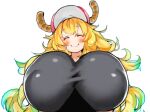  1girl blonde_hair breasts closed_eyes dragon_girl gigantic_breasts happy hat horns impossible_clothes impossible_shirt kobayashi-san_chi_no_maidragon large_breasts long_hair looking_at_viewer lucoa_(maidragon) non-web_source sachito shirt skin_tight smile solo tight_clothes tight_shirt very_long_hair 