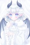  1girl blue_bow blue_eyes blue_nails blush bow brooch capelet chinese_zodiac closed_mouth commentary_request curtains dragon_girl dragon_horns dragon_wings dress fingernails frilled_sleeves frills grey_hair grey_wings hands_up highres himetsuki_luna horns jewelry long_fingernails long_sleeves looking_at_viewer original pointy_ears sharp_fingernails solo twitter_username white_capelet white_dress wide_sleeves wings year_of_the_dragon 