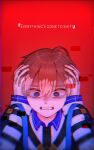  1boy blue_eyes crying crying_with_eyes_open english_text kayano_mikoto male_focus milgram non-web_source red_background red_hair sopenarian0531 tears 