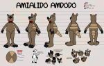 3_fingers 3_toes amialido_amdodo amialido_amdodo_(copyright) anthro armadillo black_nose bow_tie bow_tie_only brown_body emanata english_text feet fingers gesture hi_res lendri_mujina male mammal markings middle_finger model_sheet mostly_nude rock_paper_scissors rolling solo striped_markings stripes text toes turnaround xenarthran