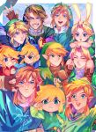  6+boys :3 :d \m/ absurdres animal_hood arm_around_shoulder blonde_hair blue_eyes bunny_hood closed_eyes closed_mouth crossed_arms earrings epaya_hakase fingerless_gloves gloves green_headwear green_tunic grin happy hat highres hood hyrule_warriors jewelry link looking_at_another male_focus multiple_boys multiple_persona one_eye_closed open_mouth pointy_ears rupee scarf single_earring sitting_on_shoulder smile sweatdrop the_legend_of_zelda the_legend_of_zelda:_a_link_to_the_past the_legend_of_zelda:_breath_of_the_wild the_legend_of_zelda:_four_swords the_legend_of_zelda:_majora&#039;s_mask the_legend_of_zelda:_ocarina_of_time the_legend_of_zelda:_skyward_sword the_legend_of_zelda:_the_wind_waker the_legend_of_zelda:_twilight_princess the_legend_of_zelda_(nes) toon_link young_link 