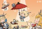  4girls balancing beer_can blonde_hair blue_eyes can drink_can drunk explosive headgear kantai_collection laughing maryland_(kancolle) military_uniform mine_(weapon) multiple_girls naval_mine nelson_(kancolle) oil-paper_umbrella rodney_(kancolle) saiguchi_otoufu short_hair sleeping umbrella uniform 