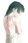  1girl bakemonogatari blunt_bangs from_behind green_hair highres kusuriya_no_hitorigoto long_hair maomao_(kusuriya_no_hitorigoto) messy_hair monogatari_(series) naked_towel o0hiruko0o profile sidelocks simple_background solo towel wet wet_hair white_background 