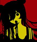  1girl black_hair blending colored_skin commentary darkness hair_between_eyes highres limited_palette long_bangs long_hair looking_at_viewer open_mouth original red_background s2_(stwo) shadow simple_background solo upper_body yellow_skin 