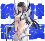  1girl bakuzan bangs black_hair blue_eyes boots breasts epaulettes eyebrows high_heels highres junketsu kamui_(kill_la_kill) katana kill_la_kill kiryuuin_satsuki kurokami_kinniku_matsuri large_breasts long_hair looking_at_viewer navel revealing_clothes simple_background smile solo stomach sword thick_eyebrows thigh_boots thighhighs thighs weapon 