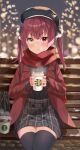  absurdres coffee coffee_cup cup disposable_cup haru_yu hat heterochromia highres hololive houshou_marine red_eyes red_hair scarf sitting thighhighs twintails virtual_youtuber winter_uniform yellow_eyes 