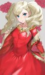  1girl absurdres blonde_hair blue_eyes commission commissioner_upload cosplay dress erika_harlacher fire_emblem fire_emblem:_the_binding_blade fire_emblem_heroes flower guinevere_(fire_emblem) guinevere_(fire_emblem)_(cosplay) hair_ornament hairclip haru_(nakajou-28) highres jewelry looking_at_viewer necklace persona persona_5 red_dress rose takamaki_anne twintails voice_actor_connection 
