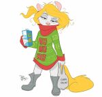 4_fingers animaniacs anthro biped blonde_hair boots christmas christmas_clothing christmas_sweater christmas_topwear clothing dave_alvarez eyebrows eyelashes female fingers footwear fur green_and_red_clothing grey_boots grey_clothing grey_footwear hair hi_res holding_bag holding_carton holding_object holidays mammal minerva_mink mink mouth_covered mustelid musteline narrowed_eyes pattern_clothing pink_nose signature simple_background solo standing sweater tail text text_on_clothing tired topwear true_musteline warner_brothers white_background white_body white_fur yellow_tail
