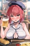  1girl absurdres alcohol beer blush chopsticks haru_yu heterochromia highres hololive houshou_marine open_mouth red_eyes red_hair short_hair virtual_youtuber yellow_eyes 