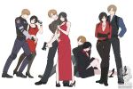  1boy 1girl absurdres ada_wong age_progression black_hair boots breasts brown_hair bulletproof_vest cleavage dress fenrir_(1548610681) fingerless_gloves gloves gun handgun high_heels highres leon_s._kennedy multiple_persona pantyhose police police_uniform red_dress resident_evil resident_evil_2 resident_evil_4 resident_evil_6 short_hair sitting uniform weapon 