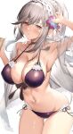  1girl ass_visible_through_thighs azur_lane bikini blue_butterfly blush breasts bug butterfly choker commentary_request cowboy_shot dunkerque_(azur_lane) dunkerque_(summer_sucre)_(azur_lane) earrings flower frills grey_hair hair_flower hair_ornament hand_up highres insect jewelry large_breasts long_hair looking_at_viewer navel official_alternate_costume ponytail purple_bikini red_eyes sg_(satoumogumogu) side-tie_bikini silver_hair solo swimsuit thigh_gap very_long_hair wet 