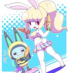  1girl animal_ears bikini blonde_hair blush breasts colored_skin helmet high_ponytail long_hair looking_at_viewer looking_back nollety open_mouth ponytail rabbit_ears rabbit_tail red_eyes snowrabby spacesuit swimsuit tail translation_request usapyon white_skin youkai_(youkai_watch) youkai_watch 