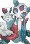  alolan_form alolan_vulpix blue_eyes closed_mouth colored_sclera commentary_request flower froslass gen_4_pokemon gen_7_pokemon hand_up highres looking_at_viewer no_humans pokemon pokemon_(creature) red_flower simple_background white_background yellow_sclera yukifuri_tsuyu 