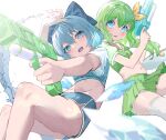  2girls :d :o absurdres arm_up blue_bow blue_eyes blue_shirt blue_shorts blurry bow cirno commentary_request cropped_shirt crystal_wings daiyousei depth_of_field from_below green_hair green_shirt green_skirt hair_bow hair_ornament hairclip highres holding holding_water_gun knees_up looking_at_viewer midriff miniskirt multiple_girls navel open_mouth pleated_skirt rerendi shirt short_hair short_shorts short_sleeves shorts side_ponytail simple_background skirt smile teeth thighhighs touhou upper_teeth_only water_gun white_background white_thighhighs yellow_bow 