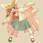  1girl animal_ears arknights artist_name blonde_hair bobby_socks brown_background brown_footwear cardigan commentary_request cross-laced_clothes cross-laced_skirt cross-laced_slit fox_ears fox_girl fox_tail frilled_hairband frills full_body green_eyes green_hairband green_skirt hairband highres kitsune kyuubi long_hair long_sleeves mary_janes multiple_tails niwatori_(akira_207) official_alternate_costume open_mouth red_ribbon ribbon shirt shoes side_slit signature simple_background skirt socks solo suzuran_(arknights) suzuran_(spring_praise)_(arknights) tail white_shirt white_socks yellow_cardigan 