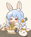  &gt;_&lt; 1girl :3 :t absurdres animal_ear_fluff animal_ears black_gloves blue_hair bowl braid carrot_hair_ornament chibi chopsticks closed_eyes commentary_request don-chan_(usada_pekora) eating eyebrows_visible_through_hair food food-themed_hair_ornament food_in_mouth gloves hair_ornament highres hololive jirou_(ramen) long_hair multicolored_hair noodles nousagi_(usada_pekora) rabbit_ears ramen same_anko simple_background solo sparkle streaked_hair sweat twin_braids two-tone_hair usada_pekora virtual_youtuber white_hair 