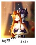 2023 anthro areola breasts canid canine canis digital_media_(artwork) domestic_cat duo elisabeth_(eipril) eyes_closed felid feline felis female fox hair hand_on_breast hi_res holidays interspecies male male/female mammal medium_breasts michelle_lipton navel new_year new_year_2024 nipples nude pink_areola pink_nipples romantic romantic_ambiance romantic_couple rouen_(eipril) smile wholesome