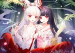  2girls :p absurdres arm_around_neck bamboo black_hair blunt_bangs bow bowtie breasts cigarette cleavage collarbone commentary_request feet_out_of_frame fujiwara_no_mokou hair_bow highres hime_cut holding holding_cigarette houraisan_kaguya kongmaosama long_hair long_sleeves looking_at_viewer multiple_girls open_mouth pants partially_unbuttoned pink_shirt red_bow red_eyes red_pants red_skirt shirt shoulder-to-shoulder single_bare_shoulder skirt smoke suspenders suspenders_slip tongue tongue_out torn_bow torn_bowtie torn_clothes torn_shirt torn_sleeves touhou two-tone_bow white_bow white_bowtie white_hair white_shirt 