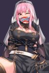  1girl bdsm blunt_bangs blush bondage bound breasts chain gag gagged glaring highres hololive hololive_english improvised_gag looking_at_viewer mori_calliope one_eye_closed pink_eyes pink_hair restrained seraphim_throne solo tape tape_gag thighs twitter_username virtual_youtuber 