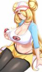  1girl anisdrawn artist_name black_pantyhose blonde_hair breasts cleavage closed_mouth collarbone cosplay cropped_shirt cynthia_(pokemon) double_bun doughnut_hair_bun english_commentary grey_eyes hair_bun hair_over_one_eye highres holding holding_poke_ball large_breasts long_hair looking_at_viewer navel panties panty_peek pantyhose pantyhose_under_shorts poke_ball pokemon pokemon_bw2 pokemon_dppt raglan_sleeves rosa_(pokemon) rosa_(pokemon)_(cosplay) short_shorts shorts sitting smile solo twintails underwear visor_cap yellow_shorts 