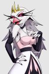 anthro avian bird breasts clothing crown curvy_figure dress feathers female headgear helluva_boss owl owl_demon red_eyes roksodraws simple_background solo stella_(helluva_boss) white_background white_body white_clothing white_feathers