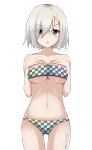  1girl absurdres ass_visible_through_thighs bandeau bikini blue_eyes breasts checkered checkered_bikini cleavage commentary_request cowboy_shot hair_ornament hairclip hamakaze_(kancolle) highres honma_(honmatomohiro) kantai_collection large_breasts looking_at_viewer one-hour_drawing_challenge short_hair silver_hair simple_background solo swimsuit triangle_mouth white_background 
