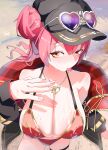  1girl absurdres baseball_cap bikini black_headwear black_jacket blush breasts cleavage eyewear_on_head gold_necklace gurumie hair_bun hat heart heart-shaped_eyewear heart_necklace heterochromia highres hololive houshou_marine houshou_marine_(summer) jacket jewelry large_breasts long_hair looking_at_viewer necklace official_alternate_costume red_bikini red_eyes red_jacket sand single_hair_bun solo sunglasses swimsuit thigh_strap tongue tongue_out two-sided_fabric two-sided_jacket virtual_youtuber yellow_eyes 