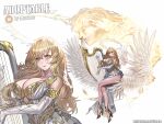  1girl adoptable allosauc angel angel_wings artist_name asymmetrical_dress bare_legs blonde_hair breasts cleavage close-up closed_mouth commentary crossed_legs deviantart_username dress elbow_gloves english_commentary english_text eyelashes feathered_wings feathers frilled_dress frills full_body gloves gold_footwear halo harp high_heels highres instrument large_breasts light_blush long_dress long_hair looking_at_viewer multiple_views music original playing_instrument simple_background sitting smile upper_body very_long_hair white_background white_dress white_gloves white_halo white_wings wings yellow_eyes 