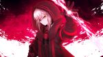  &gt;:) 1girl amakamigot0702 artoria_pendragon_(fate) black_cloak black_gloves cloak fate/grand_order fate_(series) gloves highres hood hood_up hooded_cloak magic mysterious_heroine_x_alter_(fate) mysterious_heroine_x_alter_(third_ascension)_(fate) open_clothes orange_eyes short_hair solo teeth v-shaped_eyebrows white_hair 