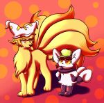2016 2_tails ambiguous_gender anthro black_nose chen_(touhou) clothing duo female_(lore) feral fur generation_1_pokemon generation_6_pokemon green_clothing green_hat green_headwear hair hat headgear headwear inika-xeathis looking_at_another meowstic multi_tail multicolored_body multicolored_fur ninetales nintendo orange_eyes orange_hair pawpads paws pokemon pokemon_(species) ran_yakumo shaded shadow simple_background standing tail touhou two_tone_body two_tone_fur two_tone_tail wearing_hat white_body white_clothing white_hat white_headwear yellow_body yellow_fur