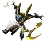  1boy absurdres autobot highres jeetdoh jumping looking_at_viewer mecha no_humans open_hands prowl science_fiction shuriken solo transformers transformers_animated v-fin white_background 