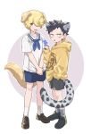  1boy 2boys aged_down animal_ears annoyed black_hair blonde_hair child dog_boy dog_ears dog_tail donquixote_rocinante highres holding hood hoodie leopard_boy leopard_tail looking_at_viewer male_focus mm_mofu_uu multiple_boys one_piece panther_print pants short_hair short_shorts shorts smile solo tail trafalgar_law yellow_eyes yellow_hoodie 