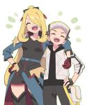  1boy 1girl arm_over_shoulder black_gloves blonde_hair boots breasts closed_eyes cynthia_(pokemon) cynthia_(sygna_suit)_(aura)_(pokemon) fingerless_gloves gloves hair_over_one_eye hand_on_own_hip hat highres jacket long_hair open_clothes open_jacket open_mouth pokemon pokemon_masters_ex pumpkinpan red_(pokemon) red_gloves simple_background small_breasts teeth thigh_boots upper_teeth_only very_long_hair white_background 