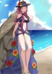 1girl absurdres bare_shoulders beach black_headwear blue_one-piece_swimsuit breasts casual_one-piece_swimsuit cleavage clothing_cutout dress_swimsuit fire_emblem fire_emblem_engage flower flower_hat hanzoku hat highres ivy_(fire_emblem) ivy_(summer)_(fire_emblem) large_breasts legs long_hair long_legs looking_at_viewer mole mole_under_mouth navel ocean official_alternate_costume one-piece_swimsuit purple_eyes purple_hair sandals see-through_headwear smile solo stomach stomach_cutout swimsuit toeless_footwear toes 