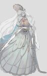  1girl anastasia_(fate) blue_cape cape closed_eyes doll dress fate/grand_order fate_(series) fur_collar grey_background hair_ornament highres holding holding_doll jewelry long_dress long_hair mimulishizi necklace royal_robe simple_background solo veil viy_(fate) white_dress white_hair 