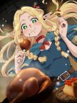  1girl :t artist_name belt blonde_hair blue_capelet blue_dress blush braid breasts brick_wall capelet chicken_(food) choker dress dungeon_meshi dutch_angle eating edomon-do elf flower food food_on_face fork green_eyes hair_around_ear hair_ornament hands_up happy highres holding holding_food holding_fork holding_staff hood hood_down hooded_capelet light_particles long_hair long_sleeves looking_at_viewer marcille_donato parted_bangs pie pie_slice plate pointy_ears pov_across_table side_braid smile solo sprout staff twin_braids upper_body 