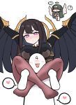  1boy 2girls ? angel_wings azazel_(last_origin) bangs between_legs between_thighs black_hair blindfold blush blush_stickers breasts bulga chibi commander_(last_origin) dark_green_hair faceless faceless_male fingerless_gloves gloves halo heart large_breasts last_origin long_hair minigirl multiple_girls purple_eyes saraqael_(last_origin) simple_background spoken_heart sweatdrop thighs white_background wings 