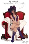  1girl black_hair blue_eyes blunt_bangs book commentary_request cowboy_hat crossed_legs deogbab english_text full_body hat korean_commentary korean_text long_hair nico_robin one_piece open_mouth purple_headwear sitting smile solo translation_request 