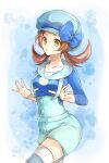  1girl alternate_color black_shirt blue_bow blue_headwear blue_shorts bow brown_hair collarbone cowboy_shot hat hat_bow highres long_hair long_sleeves looking_at_viewer low_twintails lyra_(pokemon) open_mouth pokemon pokemon_(game) pokemon_hgss shirt short_shorts shorts solo standing suspender_shorts suspenders thighhighs twintails yellow_eyes yomogi_(black-elf) zettai_ryouiki 