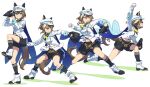  1girl absurdres animal_ears ascot baseball baseball_mitt belt black_shorts black_socks blue_cape blue_eyes bob_cut bright_pupils brown_hair cape cheval_grand_(umamusume) gloves hair_between_eyes hat highres horse_ears horse_girl horse_tail inverted_bob jacket multicolored_hair multiple_views navel nippon_professional_baseball nishiki_kazue peaked_cap sasaki_kazuhiro short_hair shorts socks streaked_hair tail throwing umamusume white_footwear white_gloves white_hair white_headwear white_jacket yellow_ascot yokohama_dena_baystars 