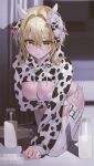  1girl absurdres alternate_costume animal_ears animal_print arm_under_breasts blonde_hair blurry blurry_background blush bottle bra censored closed_mouth commentary cow_ears cow_horns cow_print fake_animal_ears flower genshin_impact glass_bottle hair_between_eyes hair_flower hair_intakes hair_ornament highres horns indol leaning_forward long_sleeves looking_at_viewer lumine_(genshin_impact) milk_bottle mosaic_censoring panties puffy_long_sleeves puffy_sleeves short_hair short_hair_with_long_locks shrug_(clothing) side-tie_panties solo thighhighs underwear white_bra white_flower white_panties white_thighhighs yellow_eyes 