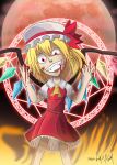  blonde_hair blood blood_on_face blood_on_hands cartoonized evil_smile fire flandre_scarlet full_moon hat highres lupeco98 mob_cap moon red_eyes self-upload smile smirk toon_(style) touhou vampire 