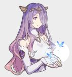  1girl bare_shoulders bug butterfly camilla_(adrift)_(fire_emblem) camilla_(fire_emblem) closed_mouth cropped_torso dress elbow_gloves fake_horns fingerless_gloves fire_emblem fire_emblem_fates fire_emblem_heroes gloves haconeri hair_ornament hair_over_one_eye horns long_hair official_alternate_costume one_eye_covered purple_eyes purple_hair simple_background sleeveless sleeveless_dress smile solo very_long_hair wavy_hair white_background white_dress white_gloves 