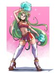  1girl absurdres bangs bare_shoulders breasts cheerleader crop_top full_body gingrjoke green_eyes green_hair highres holding holding_pom_poms jewelry kid_icarus long_hair looking_at_viewer midriff navel palutena pleated_skirt pom_pom_(cheerleading) skirt sleeveless smile solo thighhighs very_long_hair 