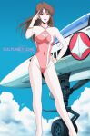  1980s_(style) 1girl aircraft airplane blue_sky brown_hair casual_one-piece_swimsuit choujikuu_yousai_macross cleavage_cutout clothing_cutout cloud commentary_request covered_navel feet_out_of_frame hayase_misa highleg highleg_swimsuit highres landing_gear long_hair looking_at_viewer macross macross:_do_you_remember_love? mecha one-piece_swimsuit red_swimsuit retro_artstyle roundel salute science_fiction sky solo swimsuit triangle_cutout u.n._spacy variable_fighter vf-1 waeba_yuusee 