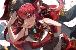  absurdres eyepatch haru_yu highres hololive houshou_marine long_hair navel open_mouth pleated_skirt red_eyes red_hair skirt sleeveless twintails virtual_youtuber 
