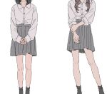  2girls black_hair black_socks brown_hair collared_shirt commentary_request dress_shirt grabbing_own_arm grey_skirt head_out_of_frame highres kamatama_rom long_hair long_sleeves multiple_girls original own_hands_together pleated_skirt school_uniform shirt shirt_tucked_in short_hair simple_background skirt sleeves_past_wrists socks white_background white_shirt 